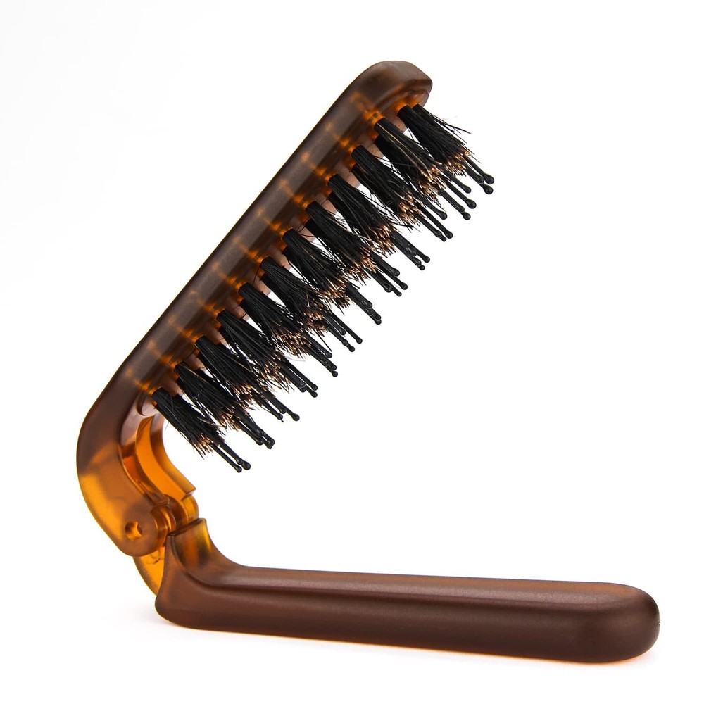 Portable Travel Folding Hair Brush with Boar Bristles for On-the-Go