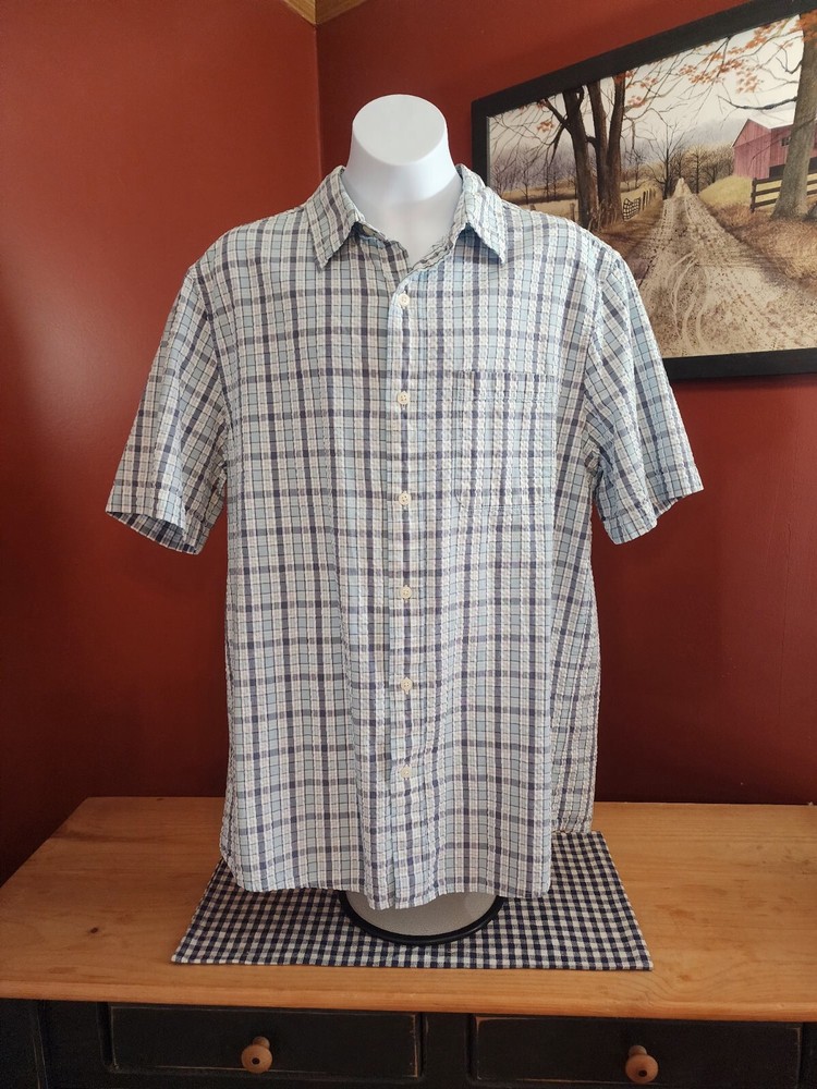 LL Bean Men's Medium Blue White Check Short Sleeve Cotton Button-Down Shirt  