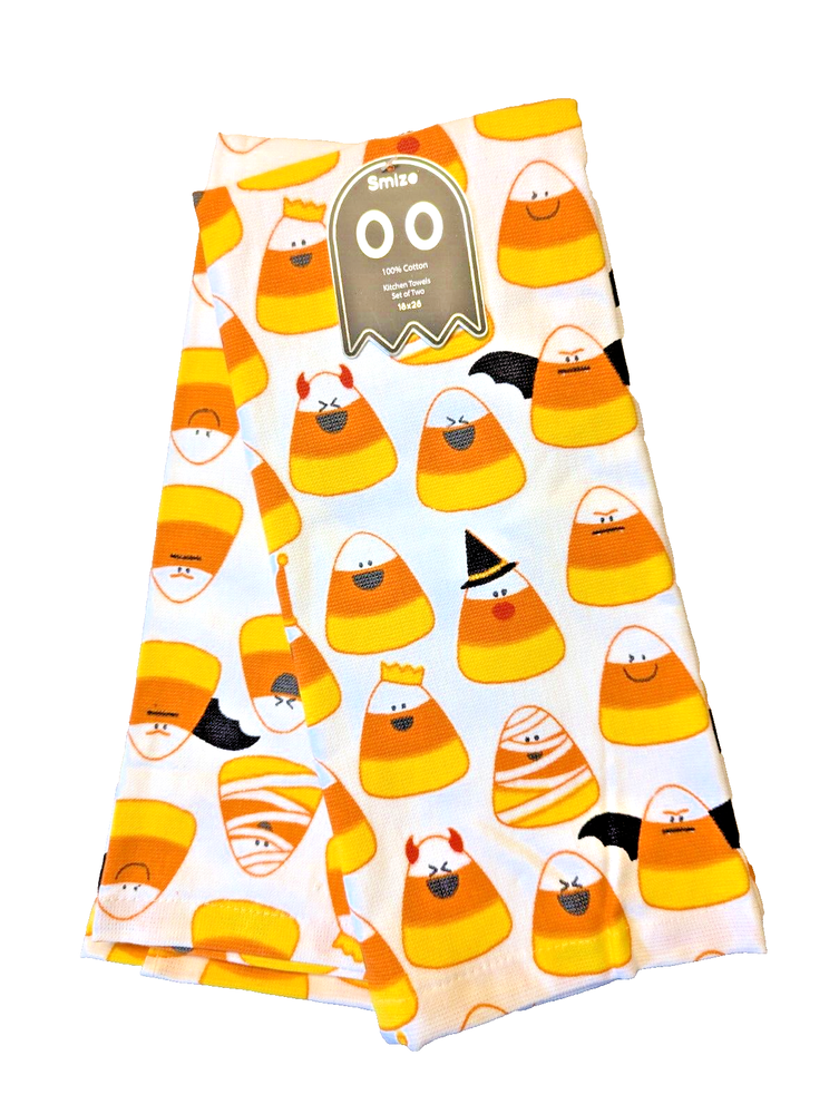 Smize Candy Corn Halloween Kitchen Towels Bats Mummy Witch Set of 2 Cotton NWT