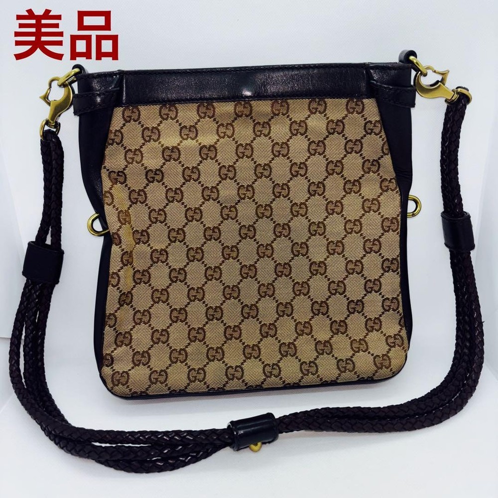 Gucci GG Calf Leather Shoulder Bag in Beige & Brown Pre-Owned Luxury