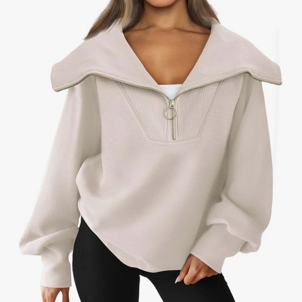 Amazon Varley Dupe Ribbed Half Zip Sweatshirt Oversized Collar Neutral Size XL
