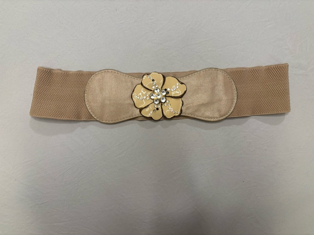 Vintage Style Beige Stretch Belt Flower Rhinestone Buckle Retro Y2K Boho