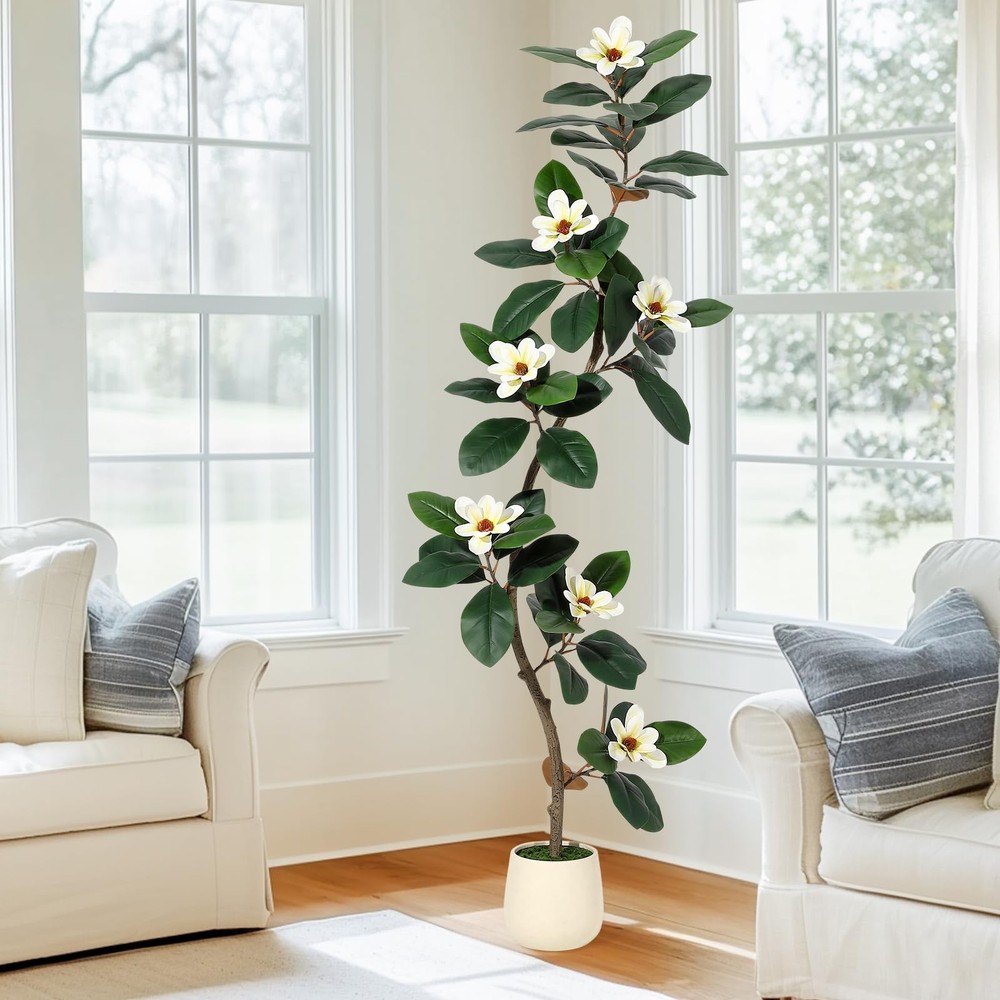 6FT Artificial Rubber Tree in White Planter Pot, Faux Indoor Plant