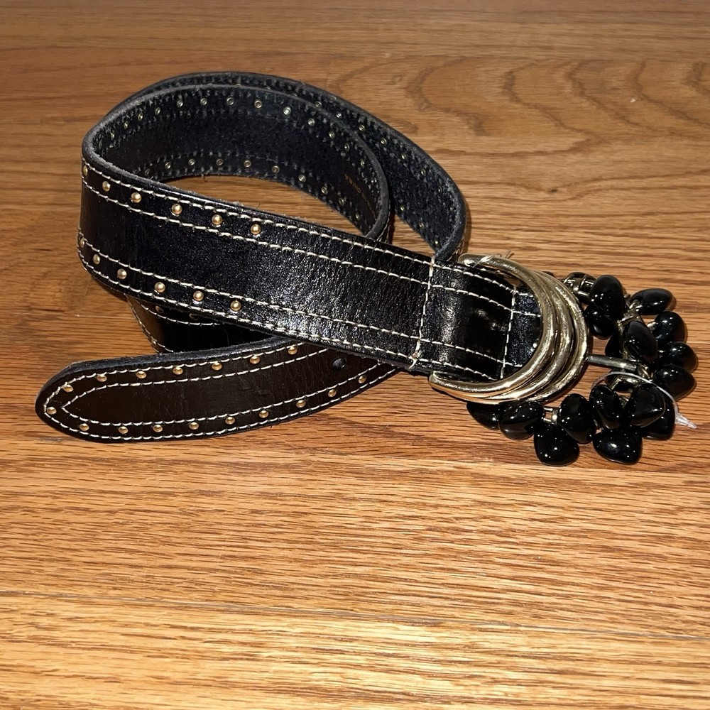 Betsey Johnson Black Leather Womens Belt with Gold Studs & Heart Beads