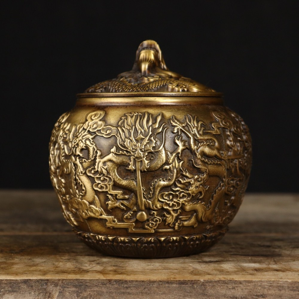 Antique Pure Copper Nine Dragon Tripitaka Jar with Colored Paper