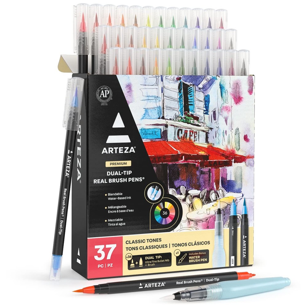 ARTEZA Watercolor Pens, 36 Dual-Tip Markers with Flexible Nylon Brush Tips, C...