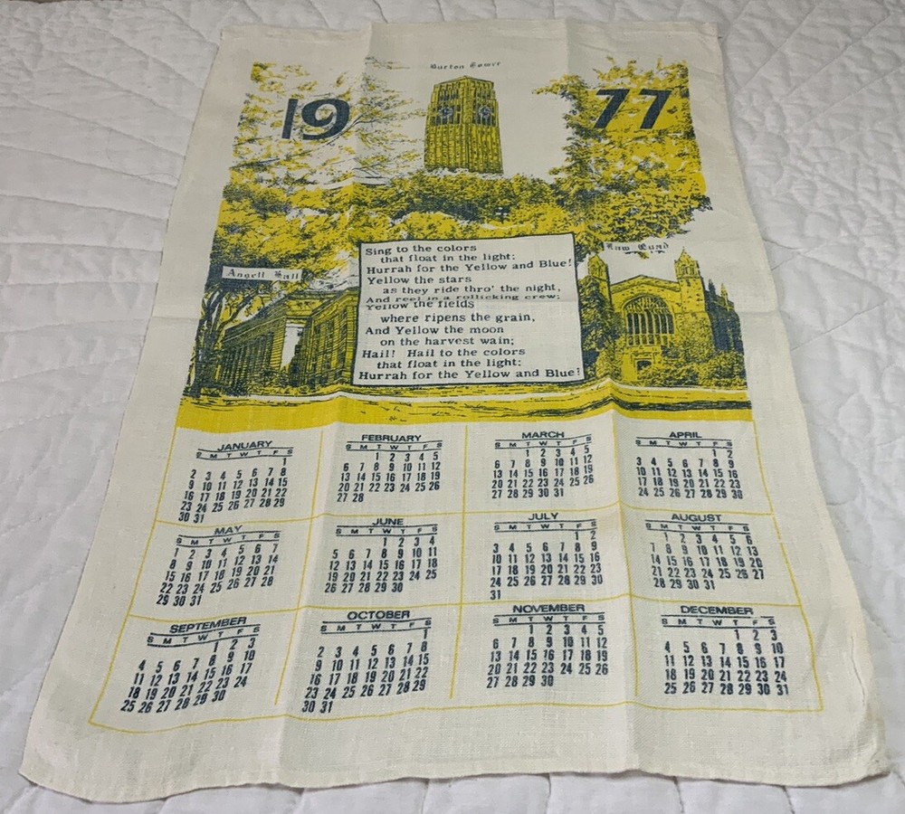 Souvenir Kitchen Towel, Calendar Towel, 1977, Univ. Of Michigan, Yellow, Blue