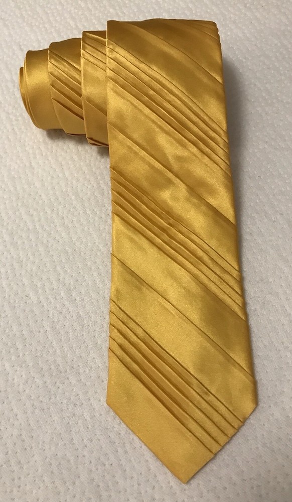 Jhane Barnes Silk Satin Look Neck Tie NEW Pleated Solid Gold 56” x 3 1/4” Formal