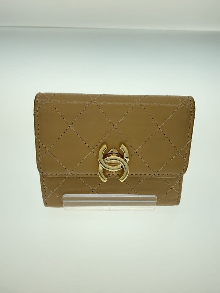 CHANEL Diamond Quilted Turn Lock CC Compact Wallet Beige Leather Pre-Owned