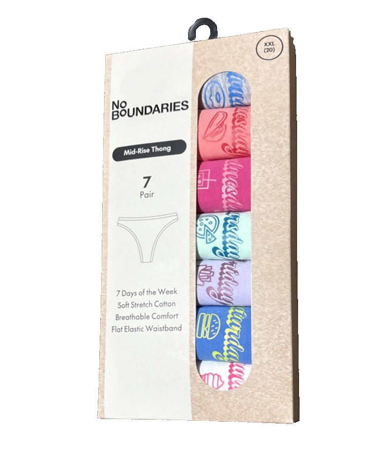 7-Pair Women's Thong Underwear Panties Cotton Days Week ~ 2XL~No Boundaries ~