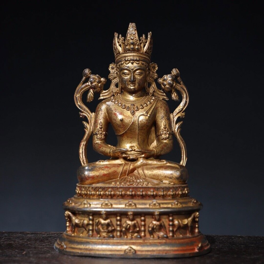 10-inch Antique Tibetan Bronze Gilt Amitabha Longevity Buddha Statue for Temple