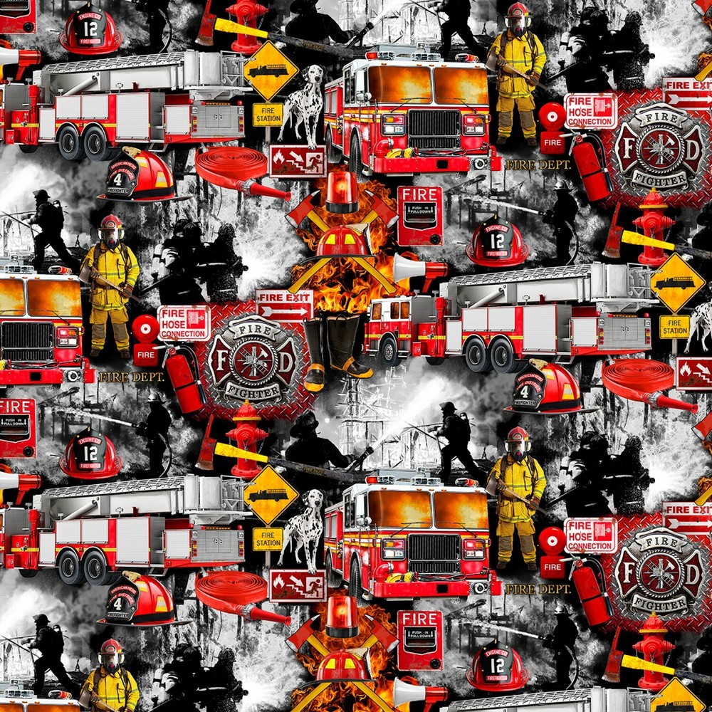 Firefighter Patchwork Fire & Rescue Black 100% Cotton Fabric by The Yard