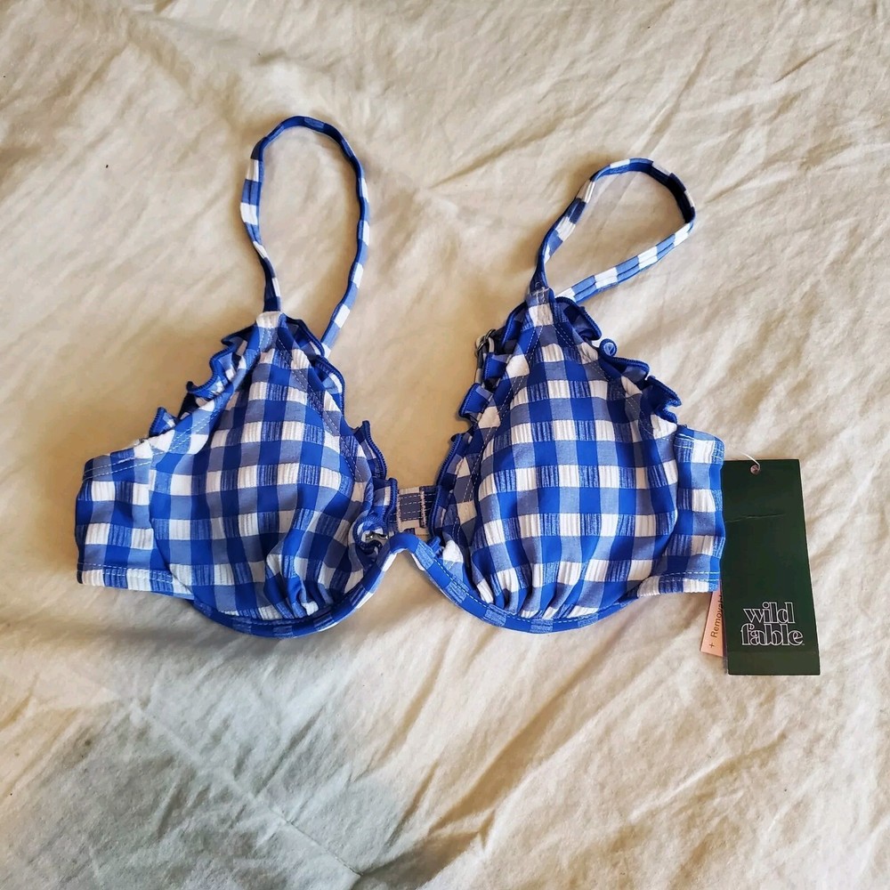 Wild Fable Women's XS 0-2 Bikini Top Blue Plaid Ruffle Trim Textured Underwire