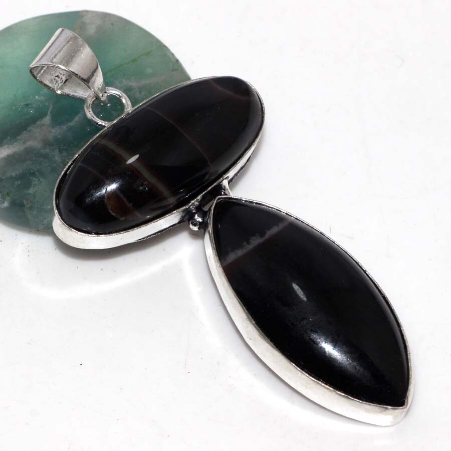 Banded Black Onyx 925 Silver Plated Long Gemstone Pendant 2.5