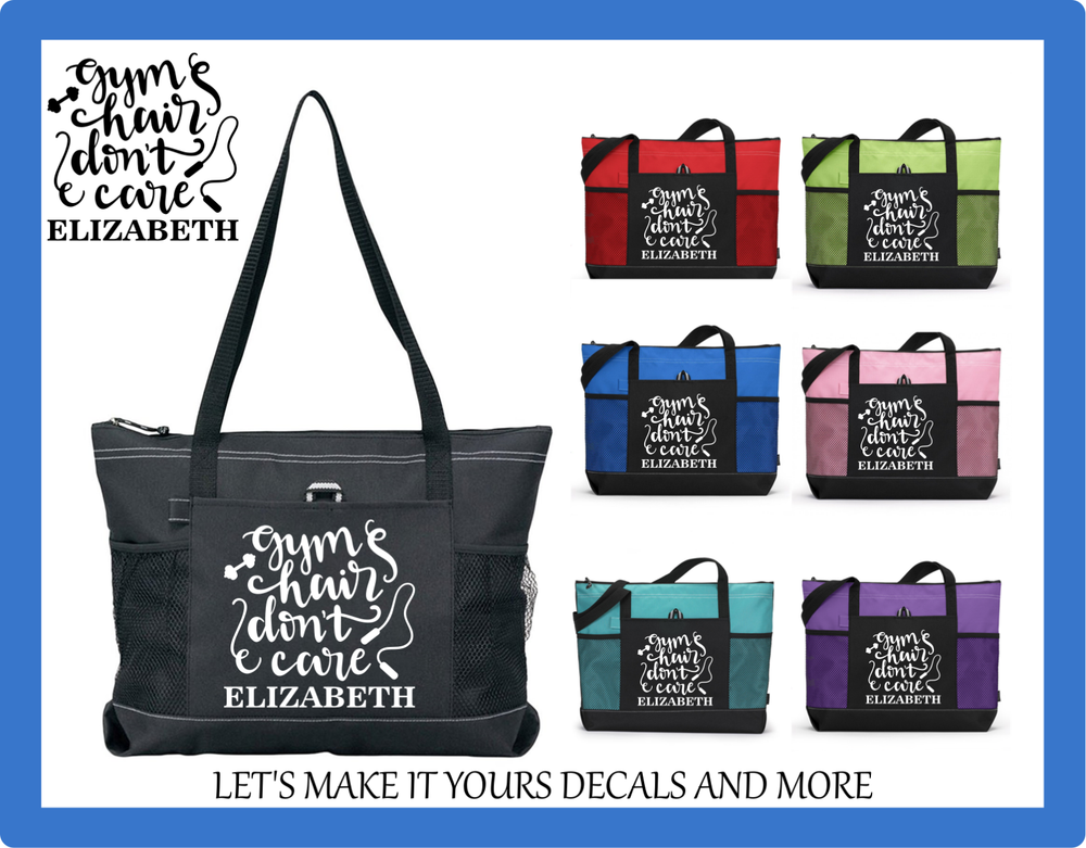 GYM HAIR DON'T CARE PERSONALIZED W/ NAME CUSTOM TOTE PURSE SPORTS DIAPER BAG ZIP