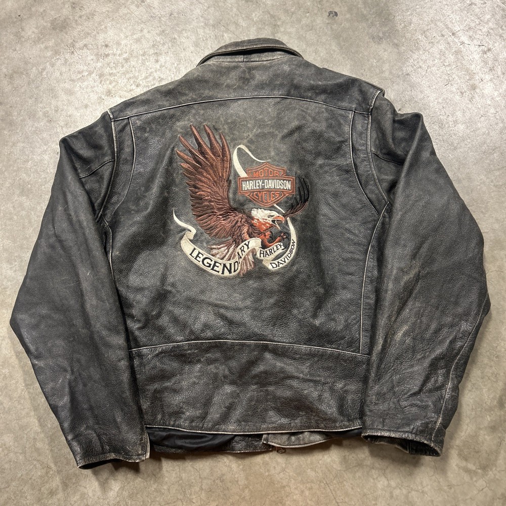 Vntg Harley Davidson 2XL Men's Distressed Leather Jacket Legendary Embroidered