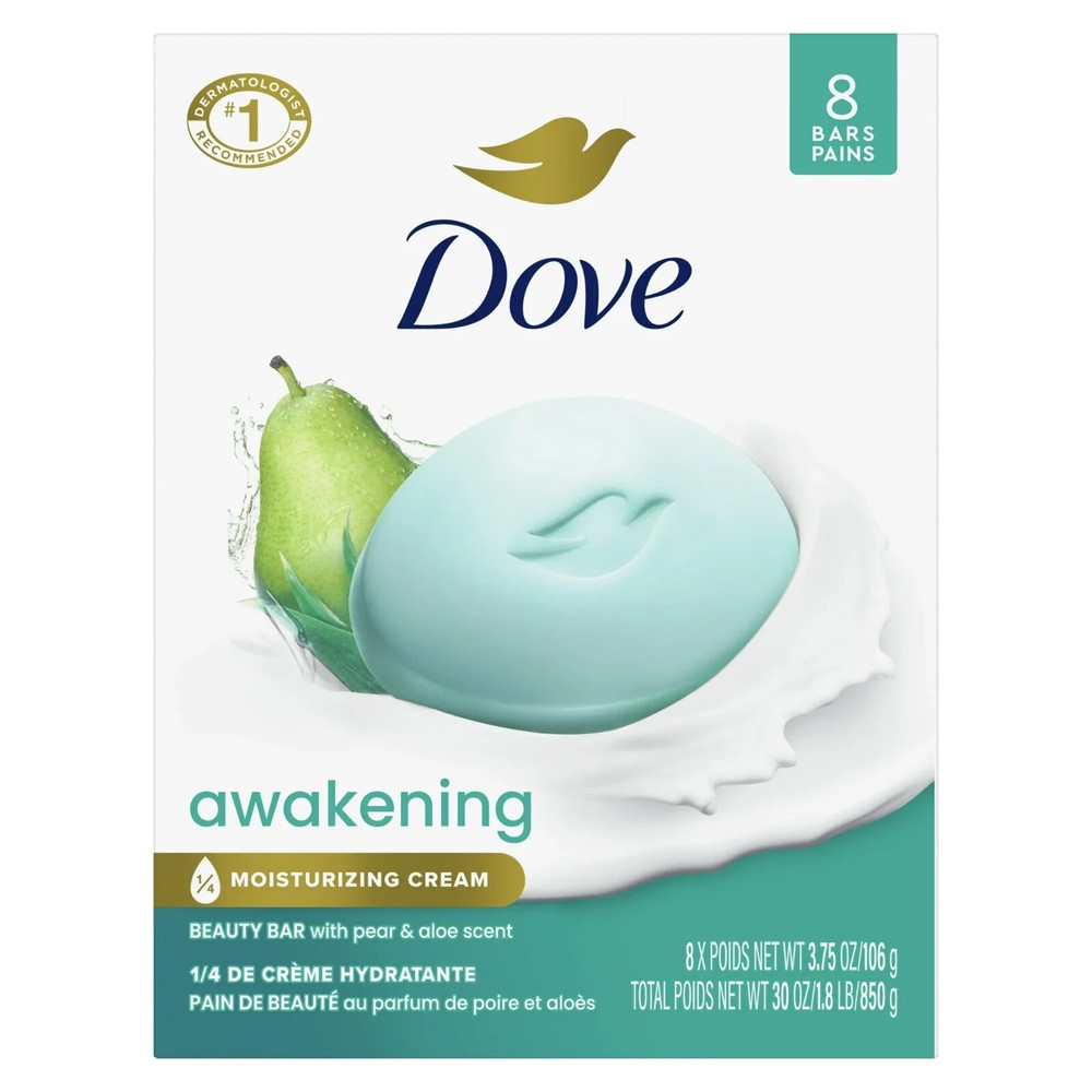 8 bars Dove Beauty bar soap for Women Awakening pear & Aloe All Skin, 3.75 oz..