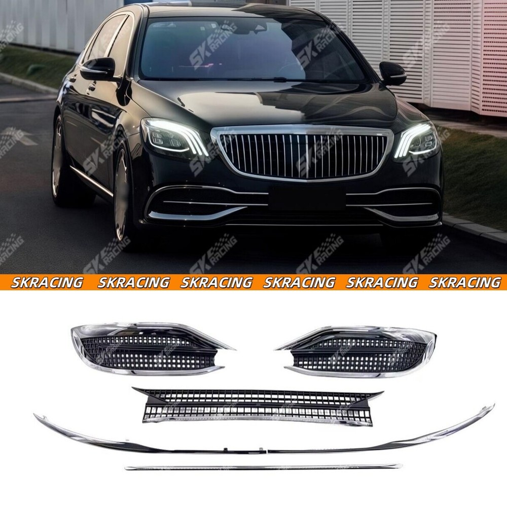 Fit 2018+ Benz S Class W222 S450 S560 Chrome+Black Front Bumper Grille Mesh Kit