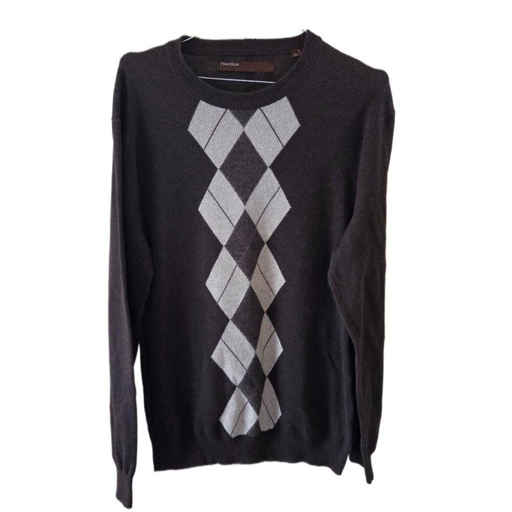 Perry Ellis Men's Brown Crewneck Argyle Long Sleeve Sweater