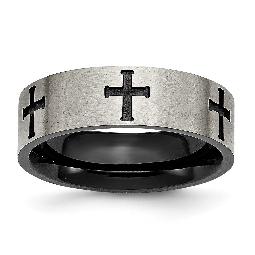 Titanium Brushed Black IP-plated Cross 7mm Band Ring Size 8 for Men 4.13gm