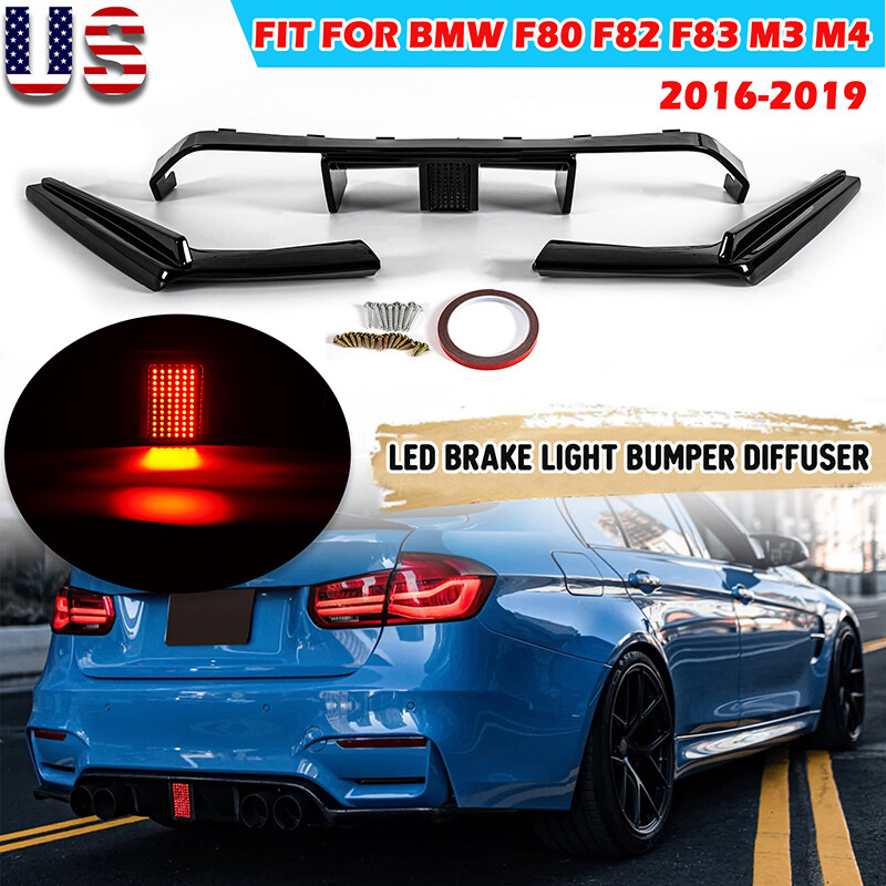 Glossy Black Rear Bumper Diffuser Lip W/ Light For BMW M3 F80 F82 M4 2015~2021