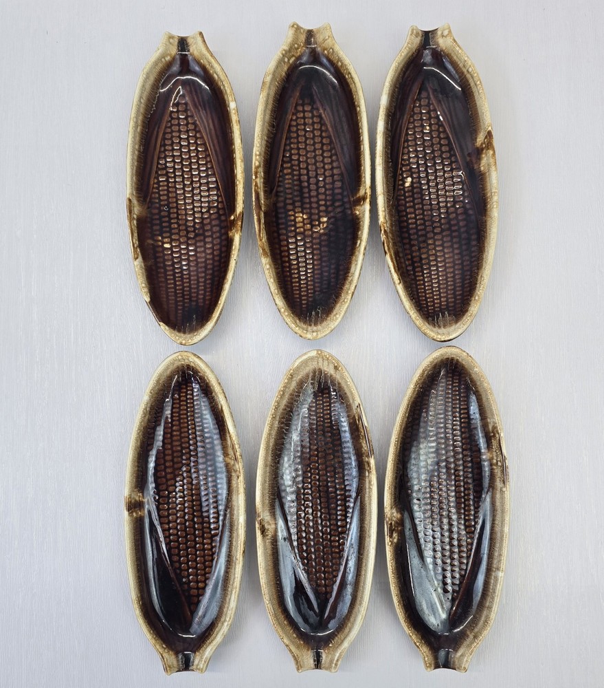 Lot Of 6 Vintage McCoy Brown Drip Corn Dishes Trays 7316 Made In USA