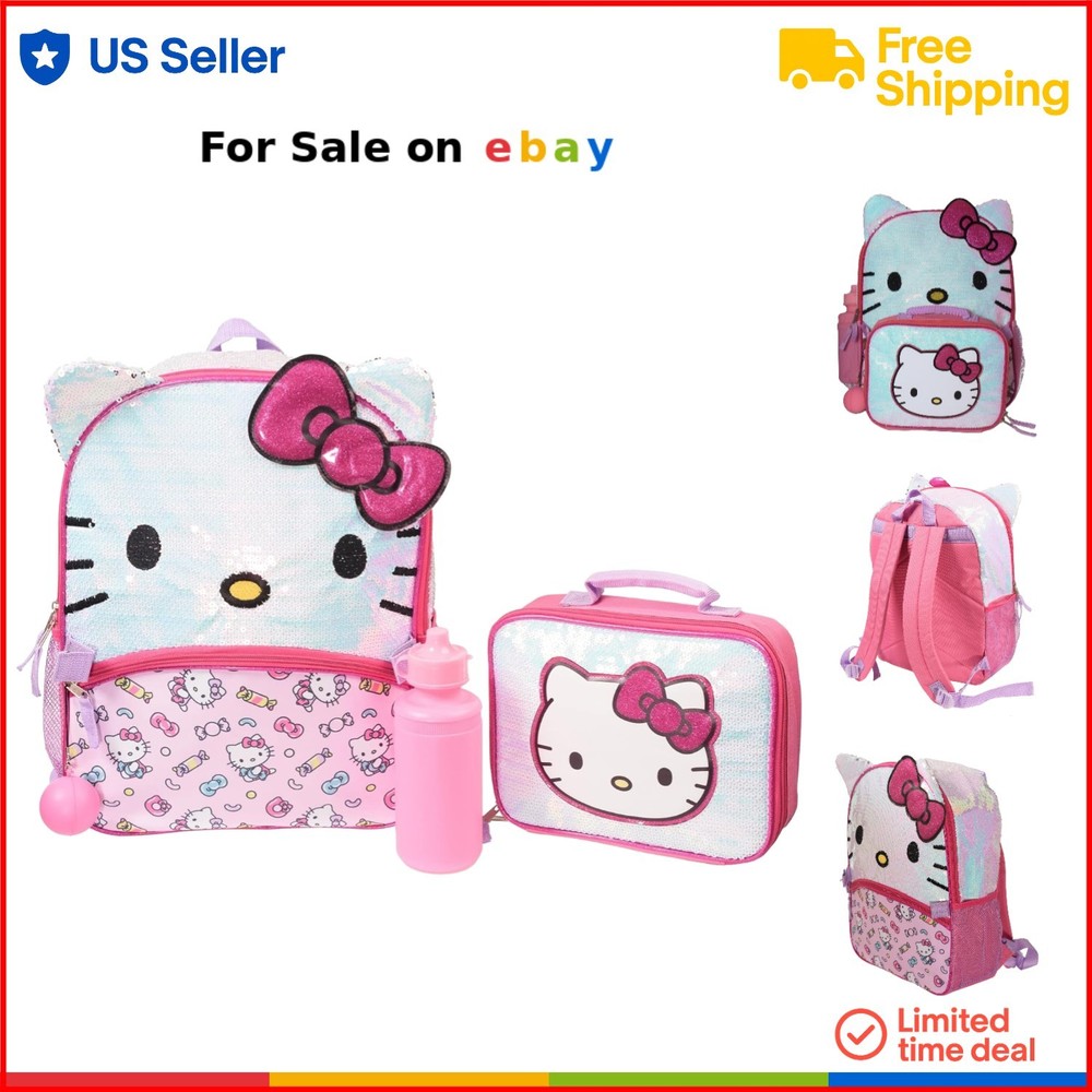 Hello Kitty Iridescent Sequin Backpack Set 4-Piece for Girls School