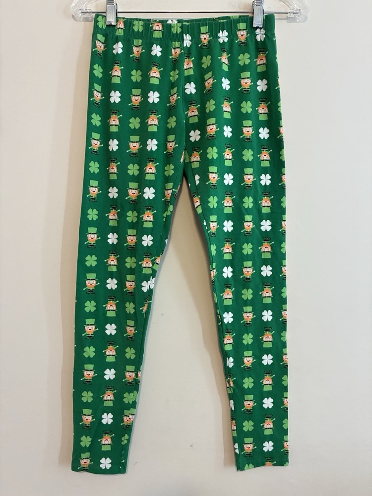No Boundaries Womens St. Patrick's Day Leprechaun Clover Cotton Leggings Green M