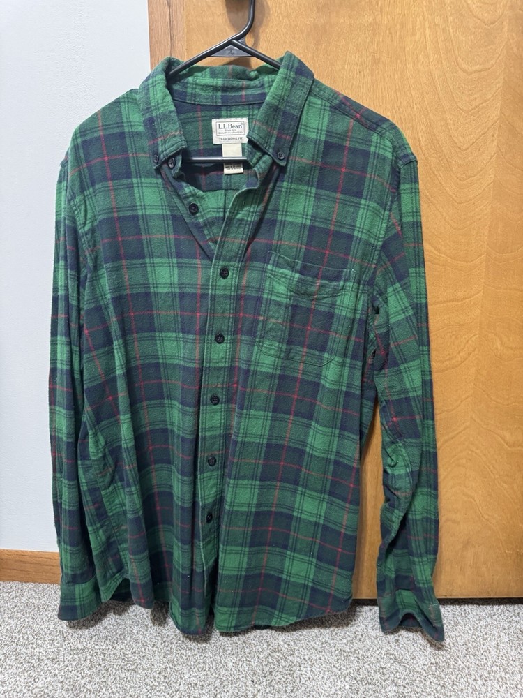 LL Bean Scotch Plaid Flannel Shirt 228061 Green Red Men’s Medium Traditional Fit