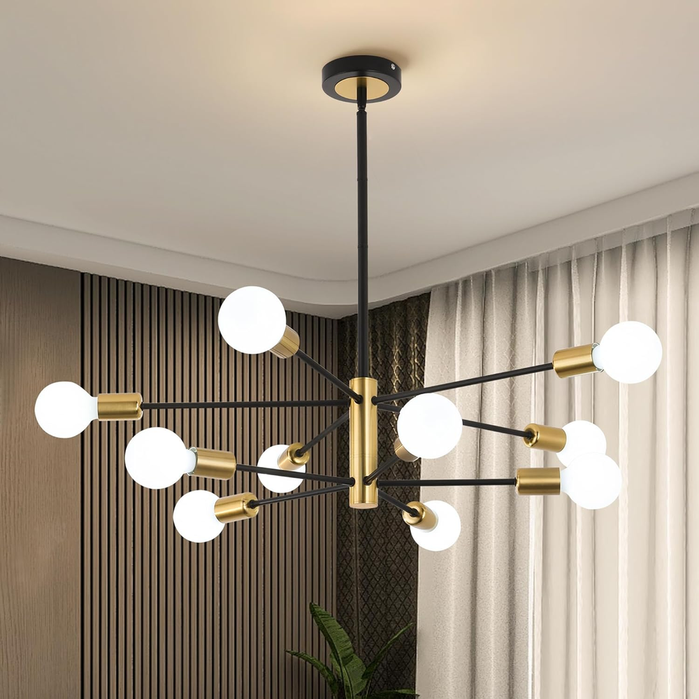 10-Light Black Gold Sputnik Chandelier, Modern Mid Century Chandeliers, E26 Base