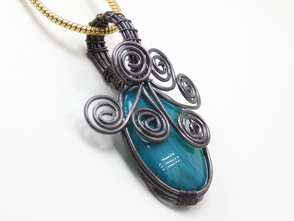 Green Strip Agate Brass Pendant Silver Oxidised Polished Wire Wrapped Jewelry