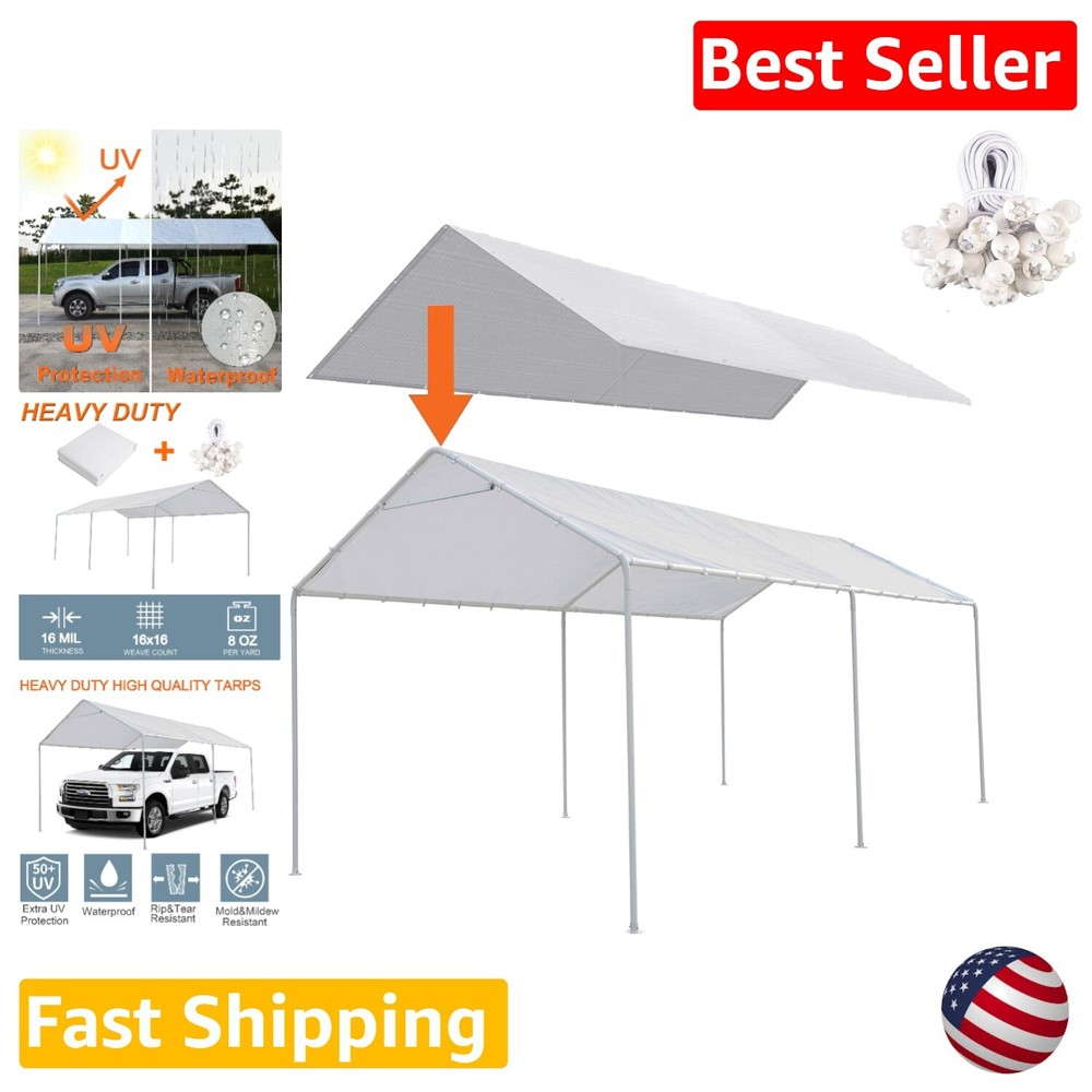Waterproof Tear-Proof Carport Canopy Tarp with Rust-Proof Grommets - White