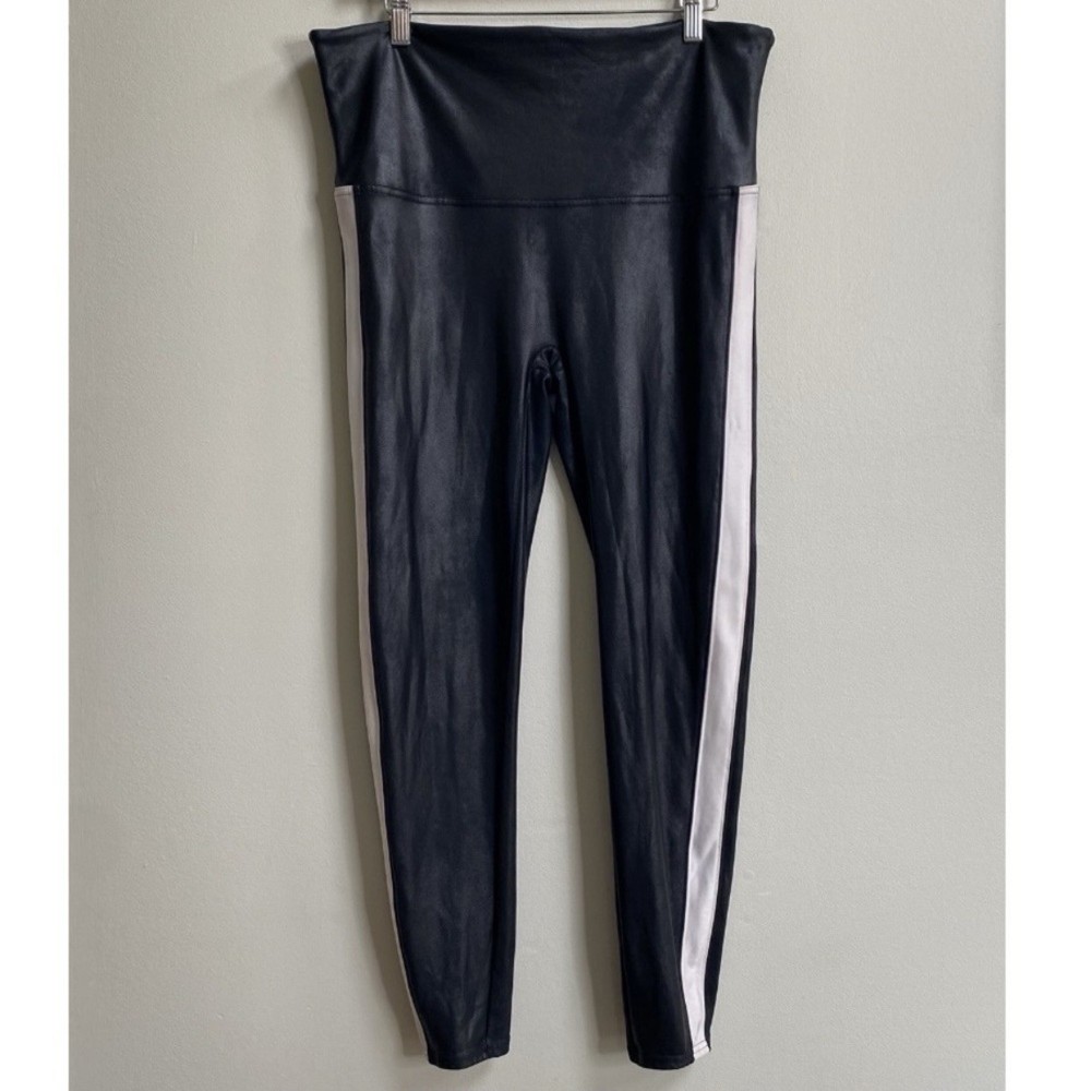 SPANX Faux Leather Leggings with Stripe Detail in Black White Size 2X
