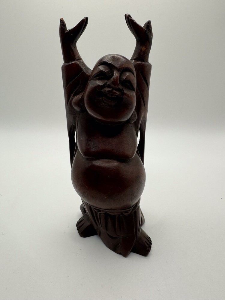 Wooden Carved happy Buddha statue Buddhism