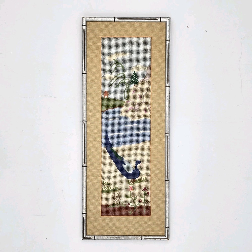 Vintage Framed Peacock Needlepoint Art  Hand-Stitched Textile Landscape Scene
