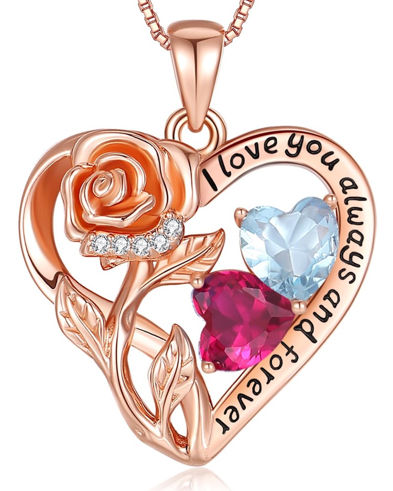 925 Sterling Silver Double Birthstone Rose Flower Heart Jewelry Necklaces for...