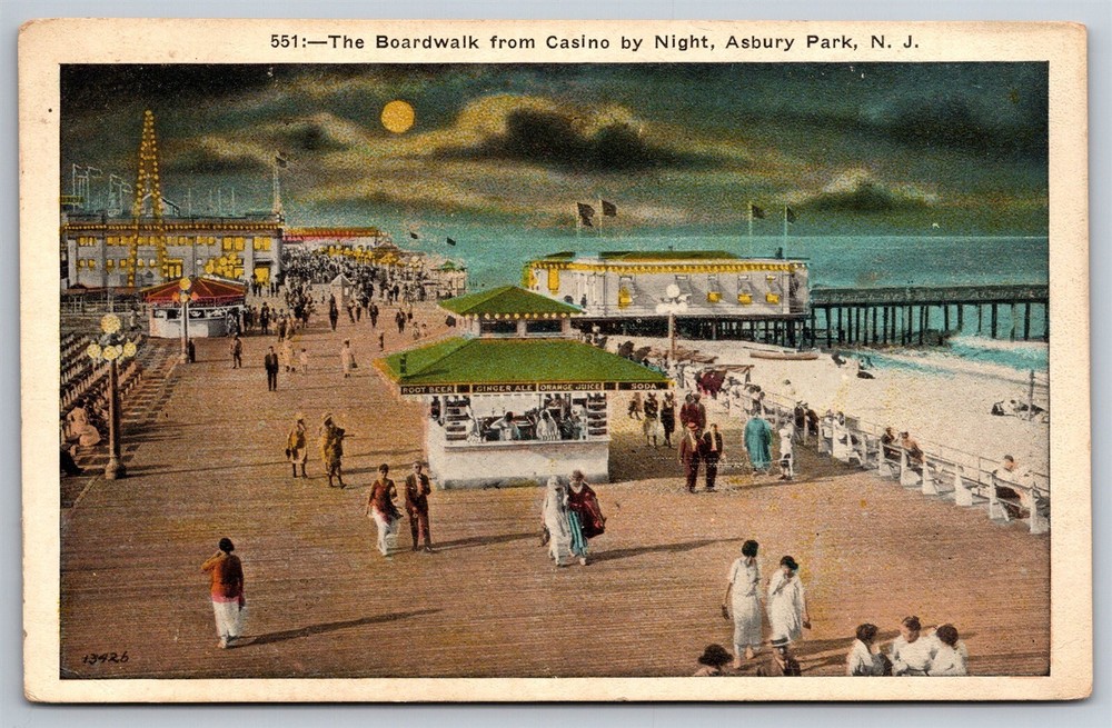 Boardwalk From Casino By Night Asbury Park NJ C1920's WB Postcard K5