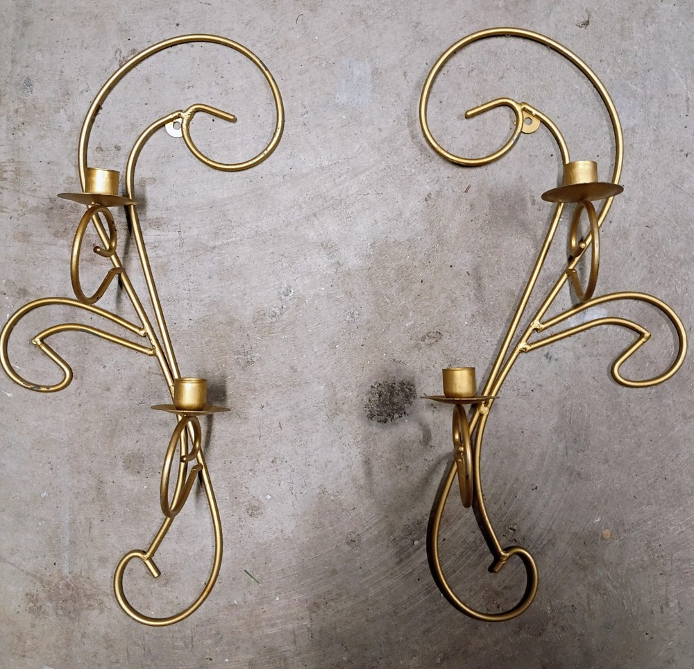 Pair of Golden Colored Wall Hanging Sconces Candle Holders