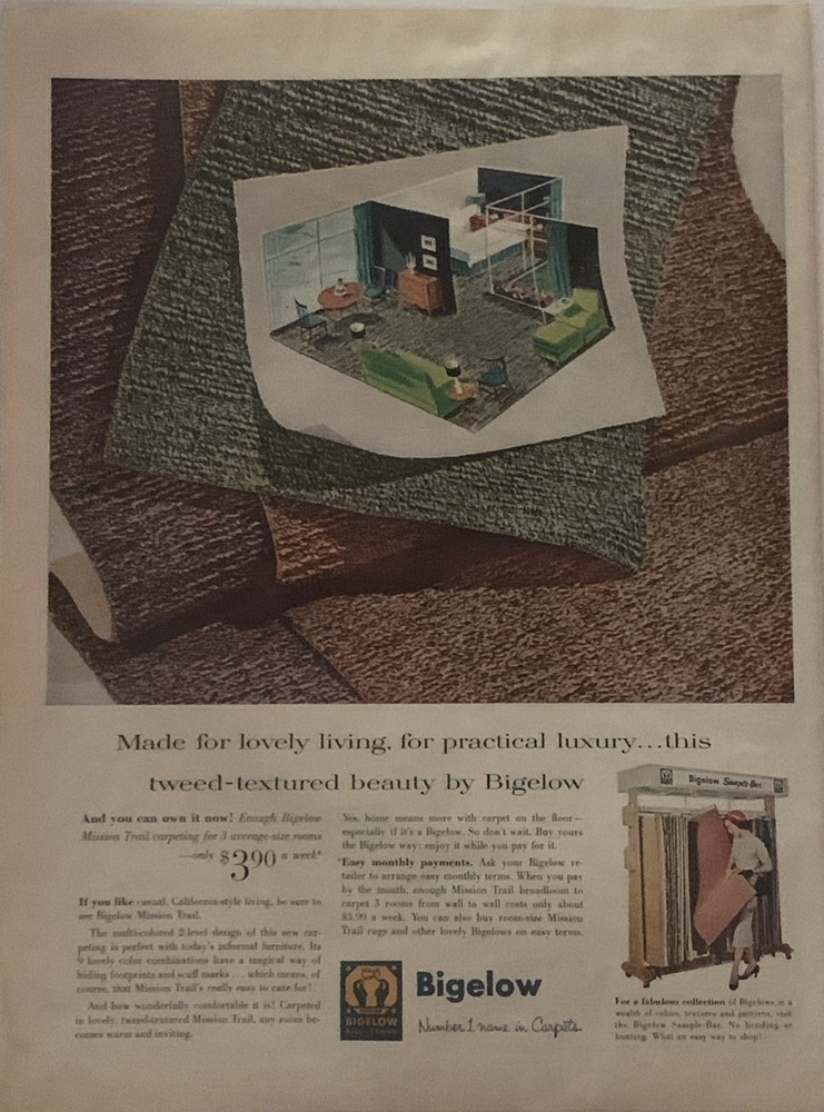 1956 Bigelow Mission Trail Carpet PRINT AD Tweed-Texture California Style VTG 50