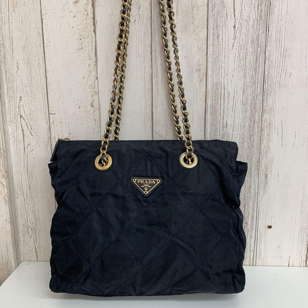 Prada Black Quilted Chain Shoulder Bag with Triangle Plate Japan
