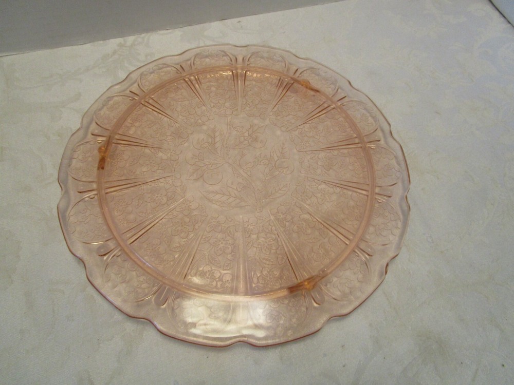 Vintage Pink Depression Glass Cake-plate Platter Jeanette Cherry Blossom 10.2” W