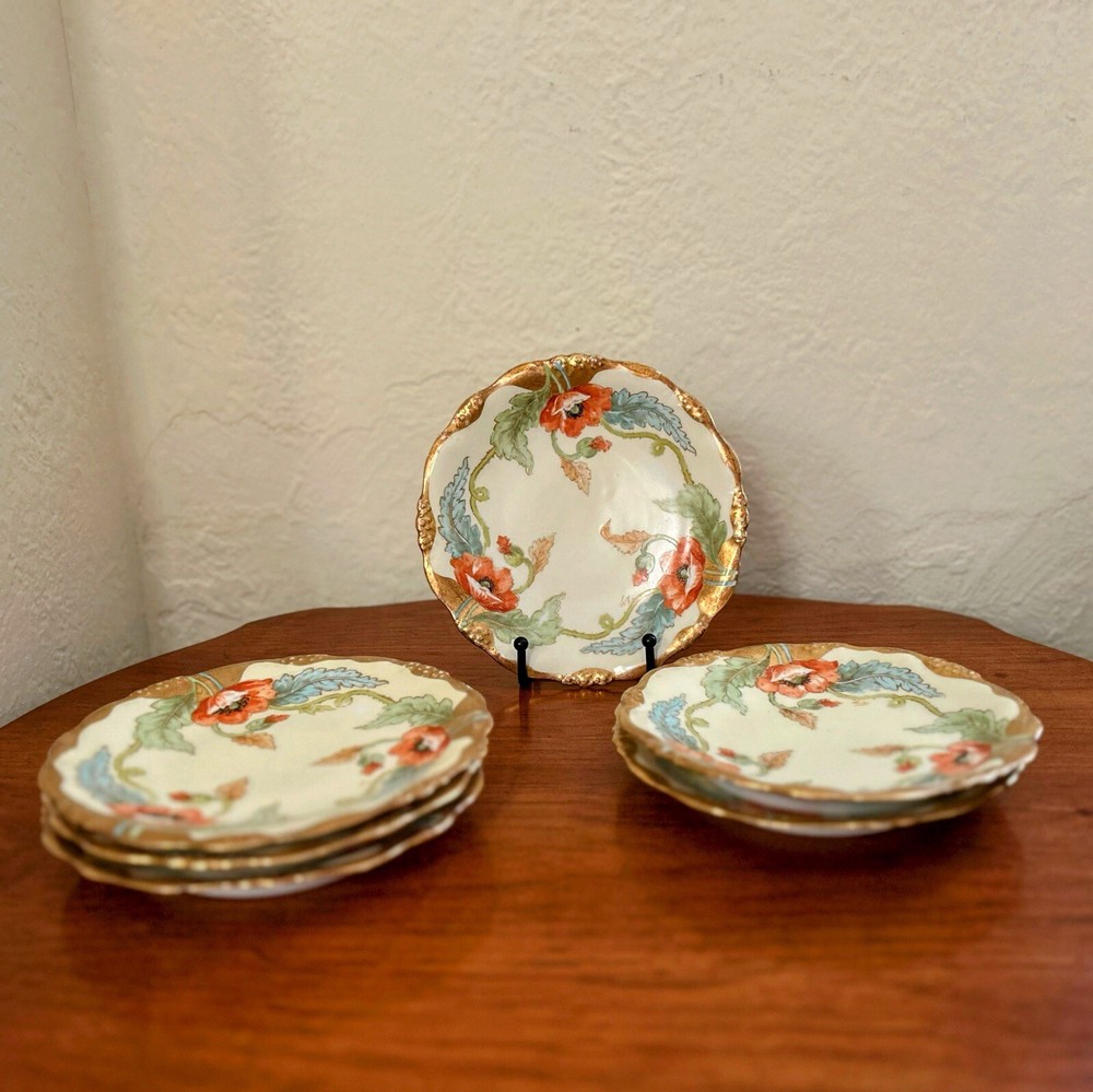 Antique Art Nouveau Limoges Plates - Gold Poppy - Antique Hand Painted