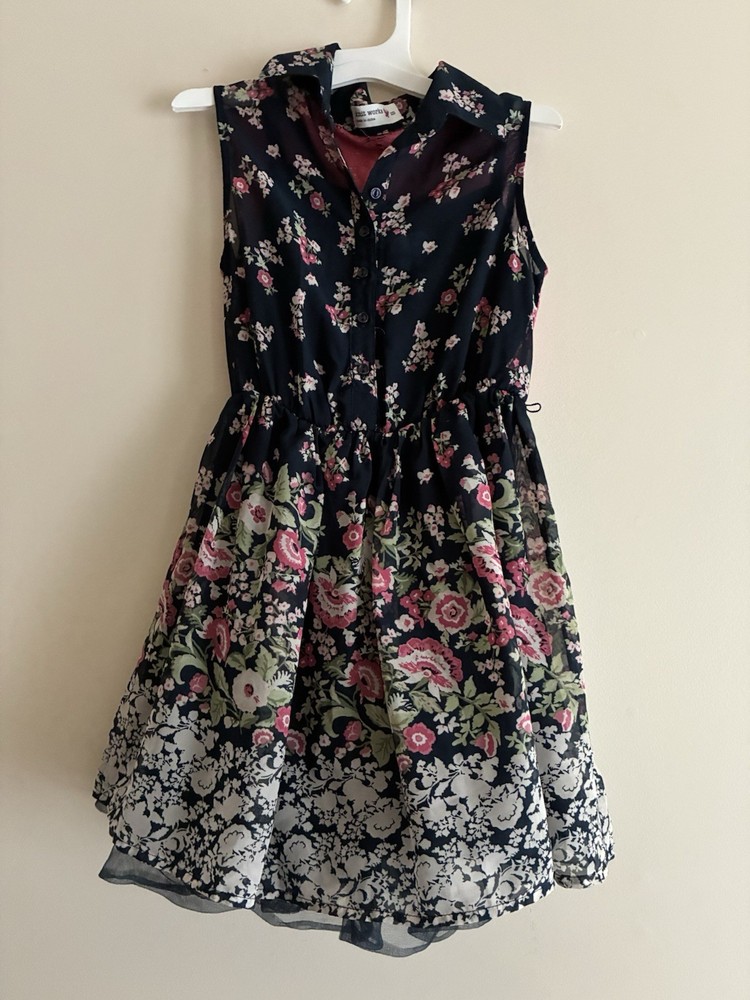 Knit Works Kid Girls Color Floral Lace Polyester Sleeveless Swing Dress Navy XXS
