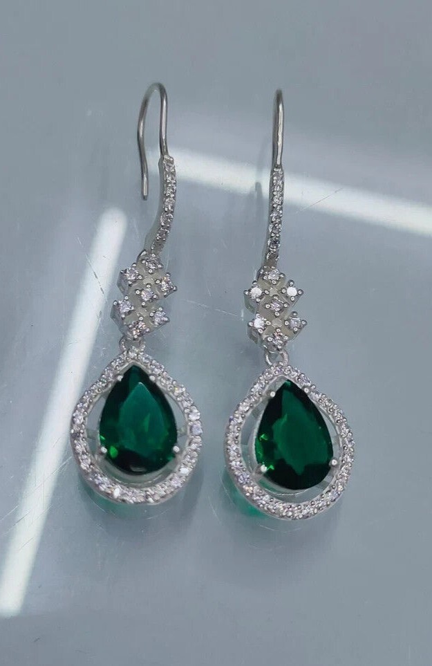 2CT Pear Cut Simulated Emerald Drop Dangle Earrings in 14K White Gold Plated