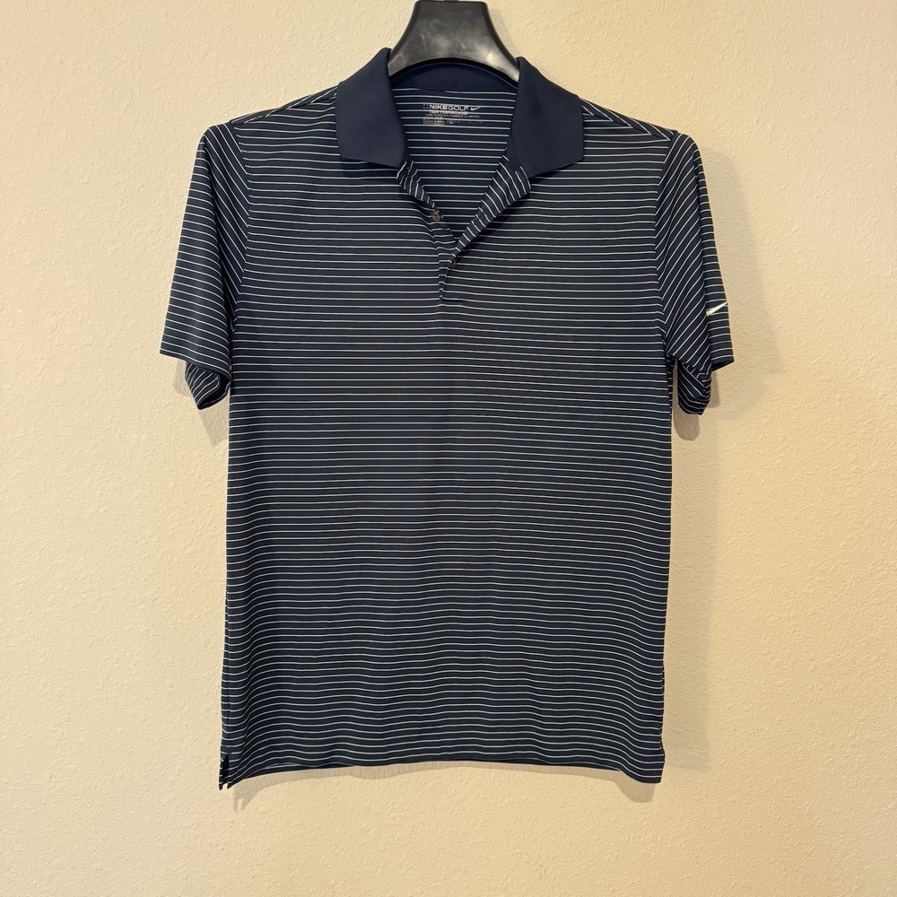 Nike Men's Medium Blue White Striped Golf Polo Shirt Short Sleeve