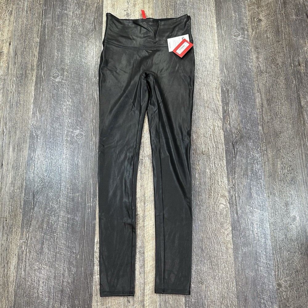 Spanx Faux Leather Leggings Womens Small Black Straight Leg Athletic Pants