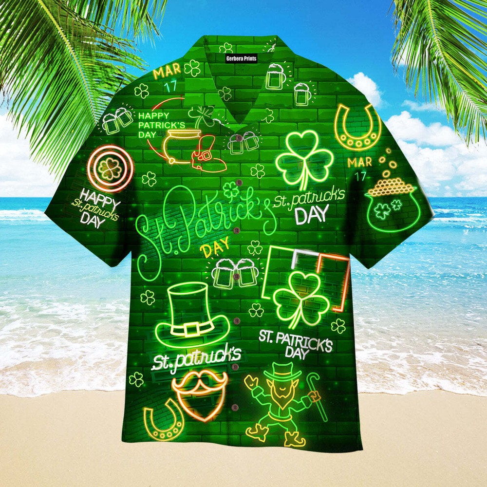 Neon Light Black St Patricks Day Aloha Hawaiian Shirts For Men US Size NEW