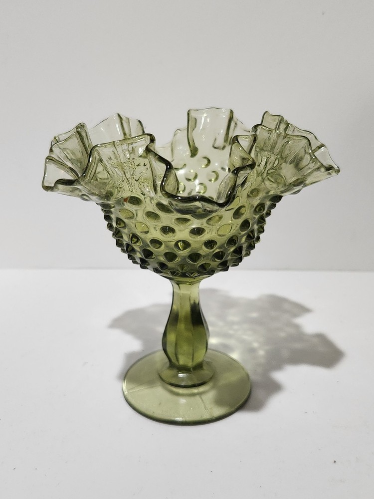 Vintage Fenton Green Hobnail Double Crimped/Ruffled Compote/Candy Dish