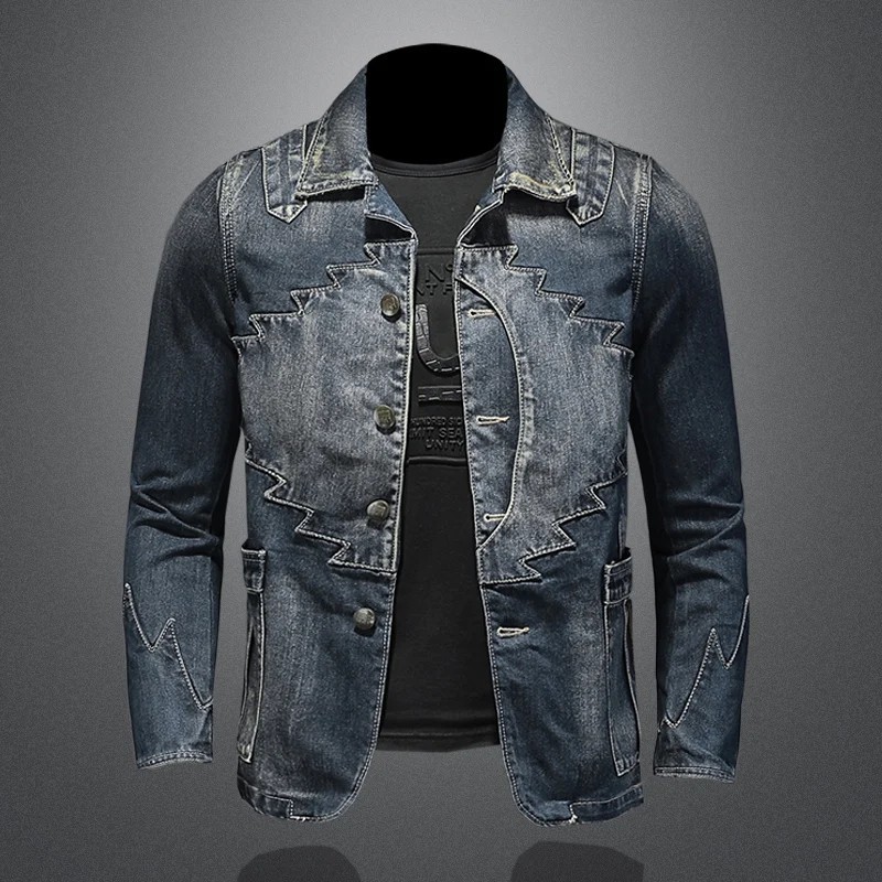 Men's Slim Fit Fashion Denim Blazer Retro Zig-Zag Stitched Jean Jacket Coat