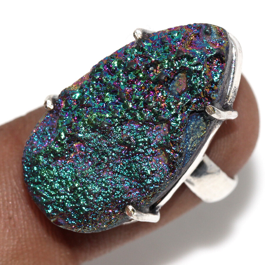925 Silver Plated Titanium Druzy Ethnic Ring Handmade Jewelry Size US 6 JW